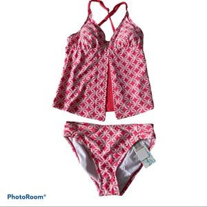 🆕Size 12 Women’s Coral & White Tankini Swimsuit Swim Wear